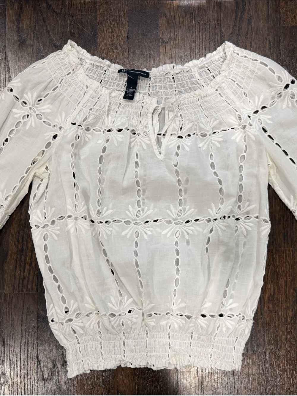 INC international concepts white eyelet smocked peasant blouse size small